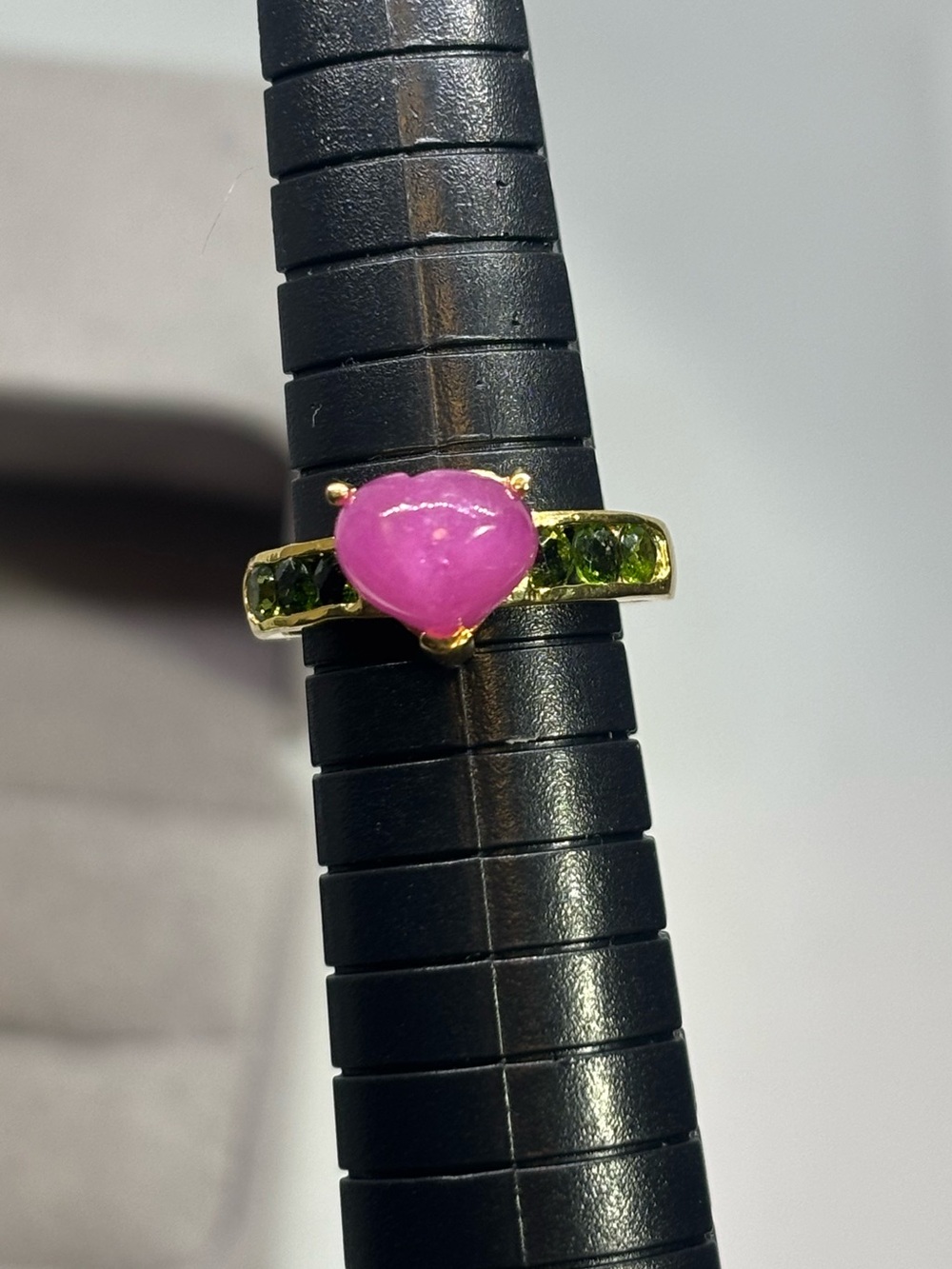 925 Sterling Silver Ring with Heart Ruby and Chrome Diopside Stones, size 6.5